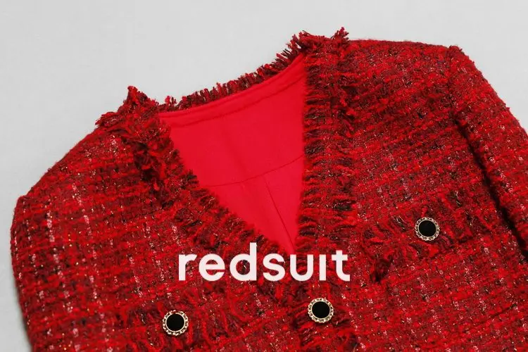 New Red V-neck tweed woven slimming jacket for socialite custom size