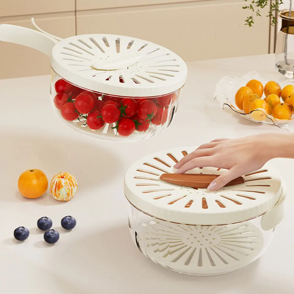 New Drain Basket with Lid Fruit Rice Washing Drain Basket with Handle Refrigerator Storage Bowl Home Kitchen Organizer