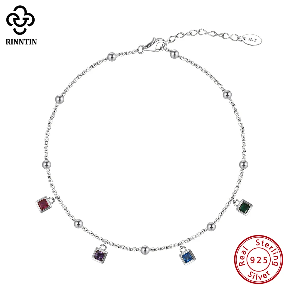 

Rinntin Genuine 925 Sterling Silver Chain Anklet with Colorful Cubic Zirconia for Women Summer Foot Chains Jewelry SA91