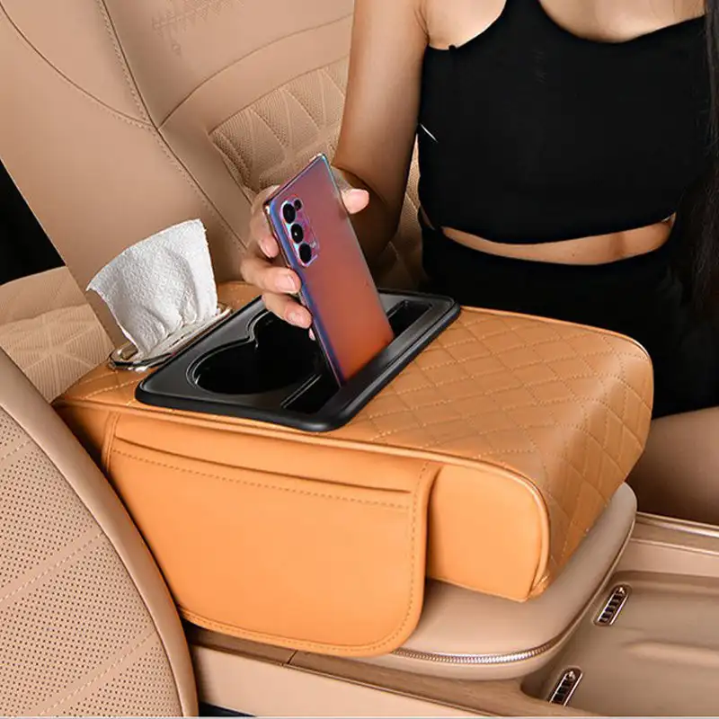 Car Center Console Armrest Pillow Memory Foam Auto Armrest Box Cover with Cup Holder & Phone Holder, Waterproof Leather Arm Rest