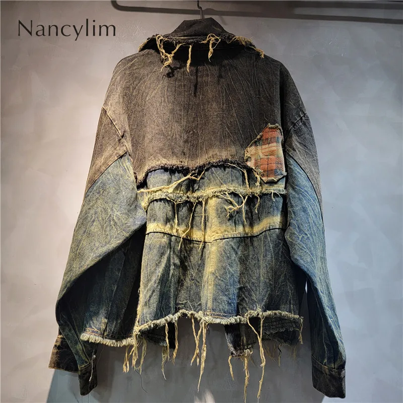 European Style 2024 Autumn New Personalized Design Niche Denim Clothing Women\'s Fur Edge Color Matching Short Coat Loose Jackets