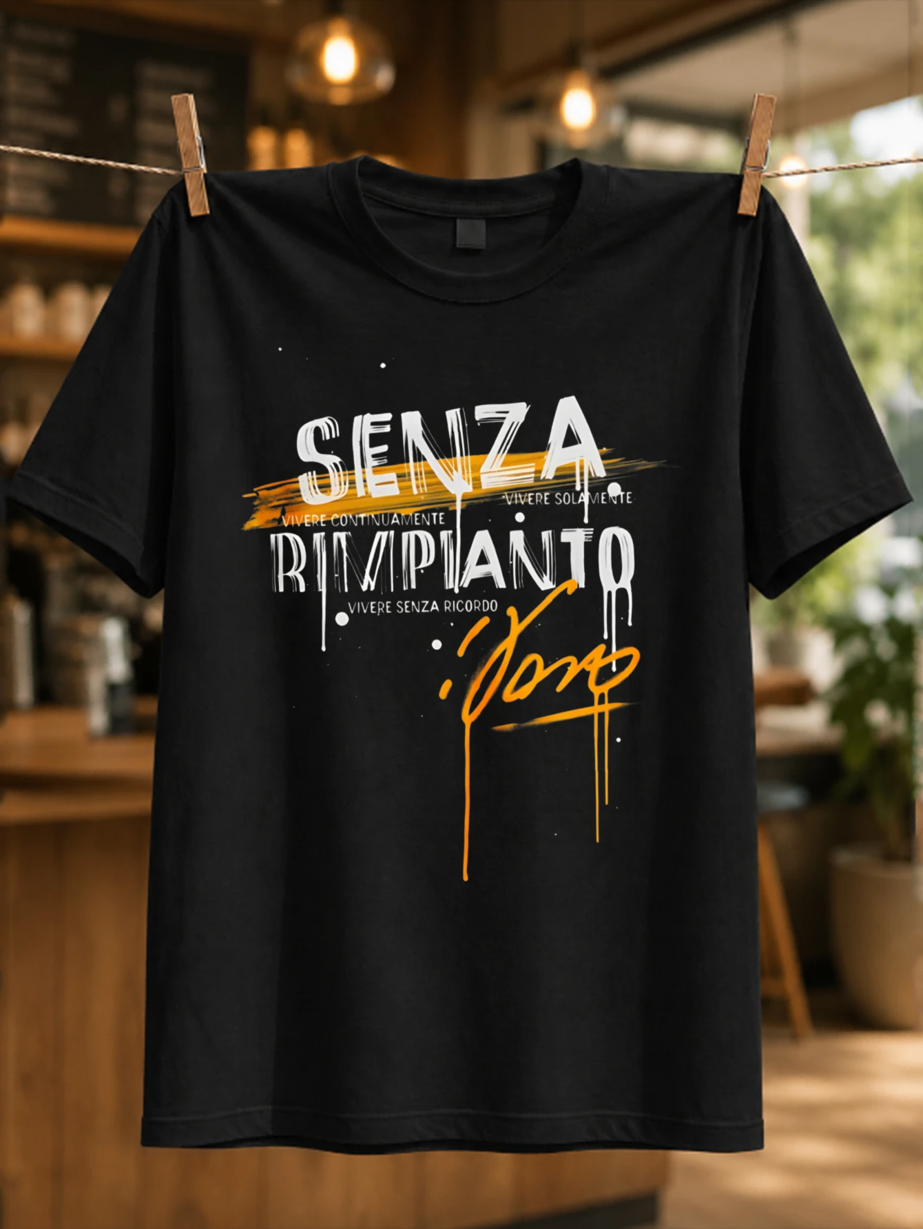 T-shirt unisexe Senza Rimpianto avec typographie italienne audacieuse et orange, signature effet goutte à goutte et peinture abstraite