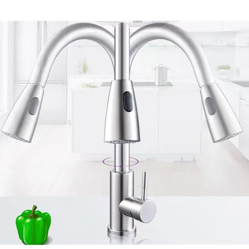 

Кухонный смеситель с выдвижным изливом, 2 режима, горячая и холодная вода, настольный, из нержавеющей стали SUS 304