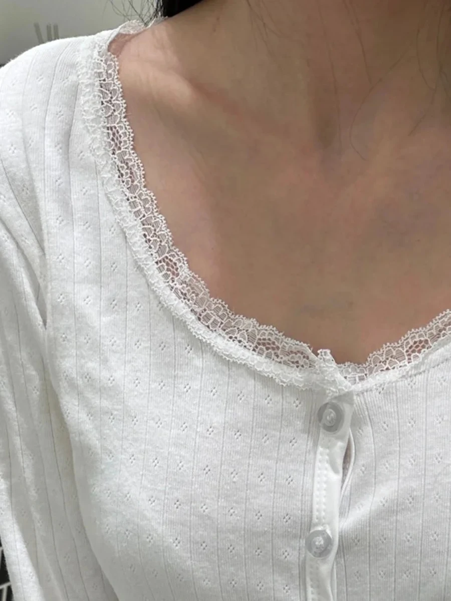 

White Ribbed Lace Trim Long Sleeve Tees Women Casual Streetwear Button Hollow Out Tops Female Sweet Cute Preppy Style T-shirts