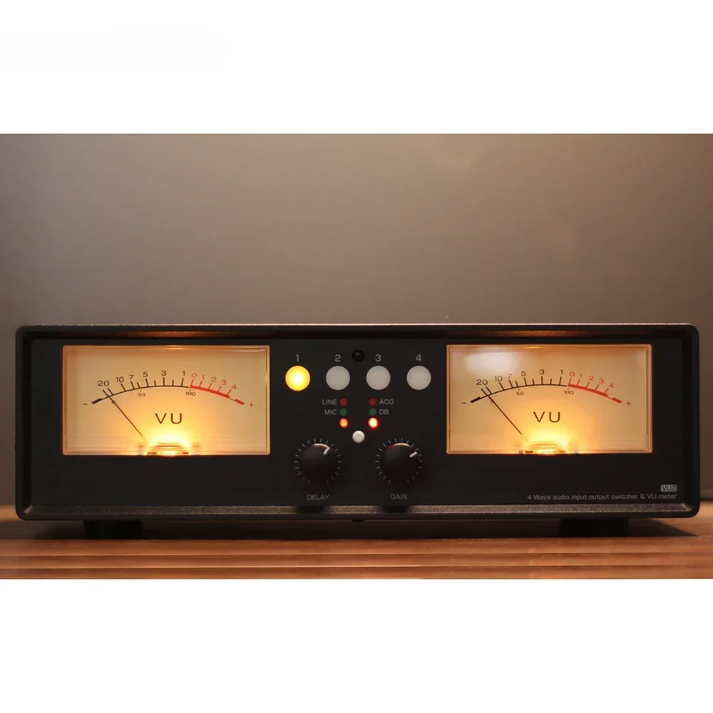 DLHiFi 4-IN-1-OUT Switcher Sound Music Level Indicator VU2 MIC With LINE Dual VU Meter DB Panel Audio Splitter