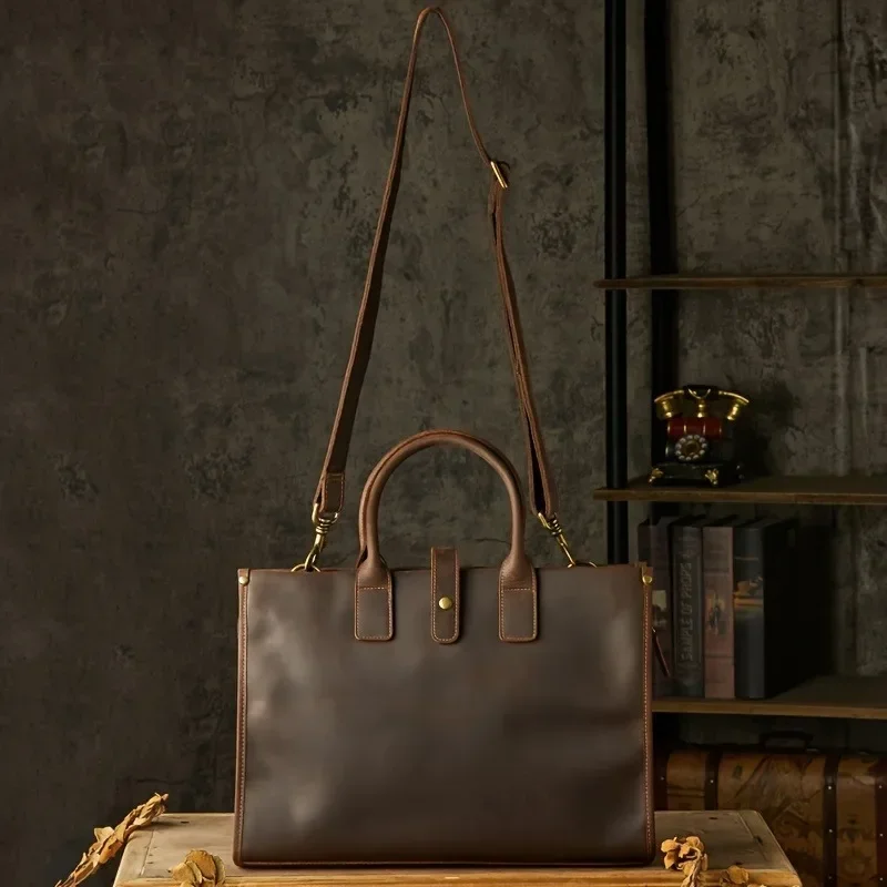 Handmade Vintage Men’s Genuine Leather Laptop Bag, Top Layer Cowhide Briefcase, Retro Office Shoulder Crossbody Messenger Bag