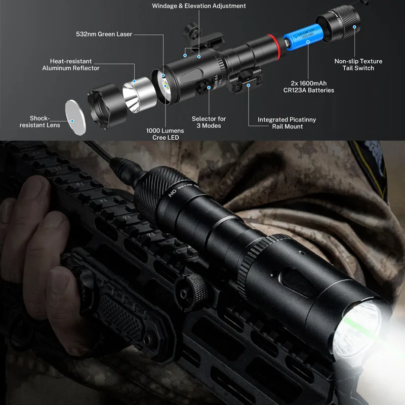 

EZshoot Rifle Light 1000 Lumens Picatinny Flashlight Tactical Flashlight Green Beam Laser Light Remote Switch Constant Strobe
