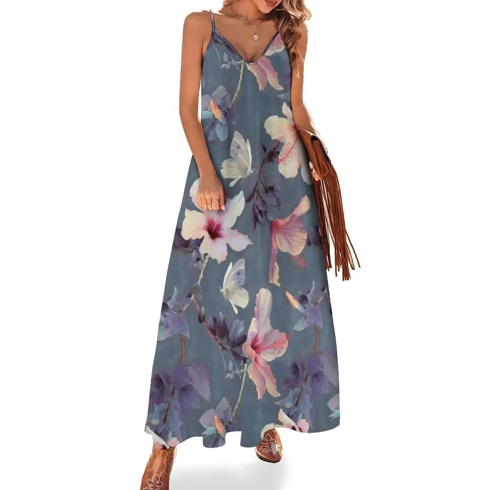 Butterflies and Hibiscus Flowers - a painted pattern Sleeveless Dress Female clothing Dress