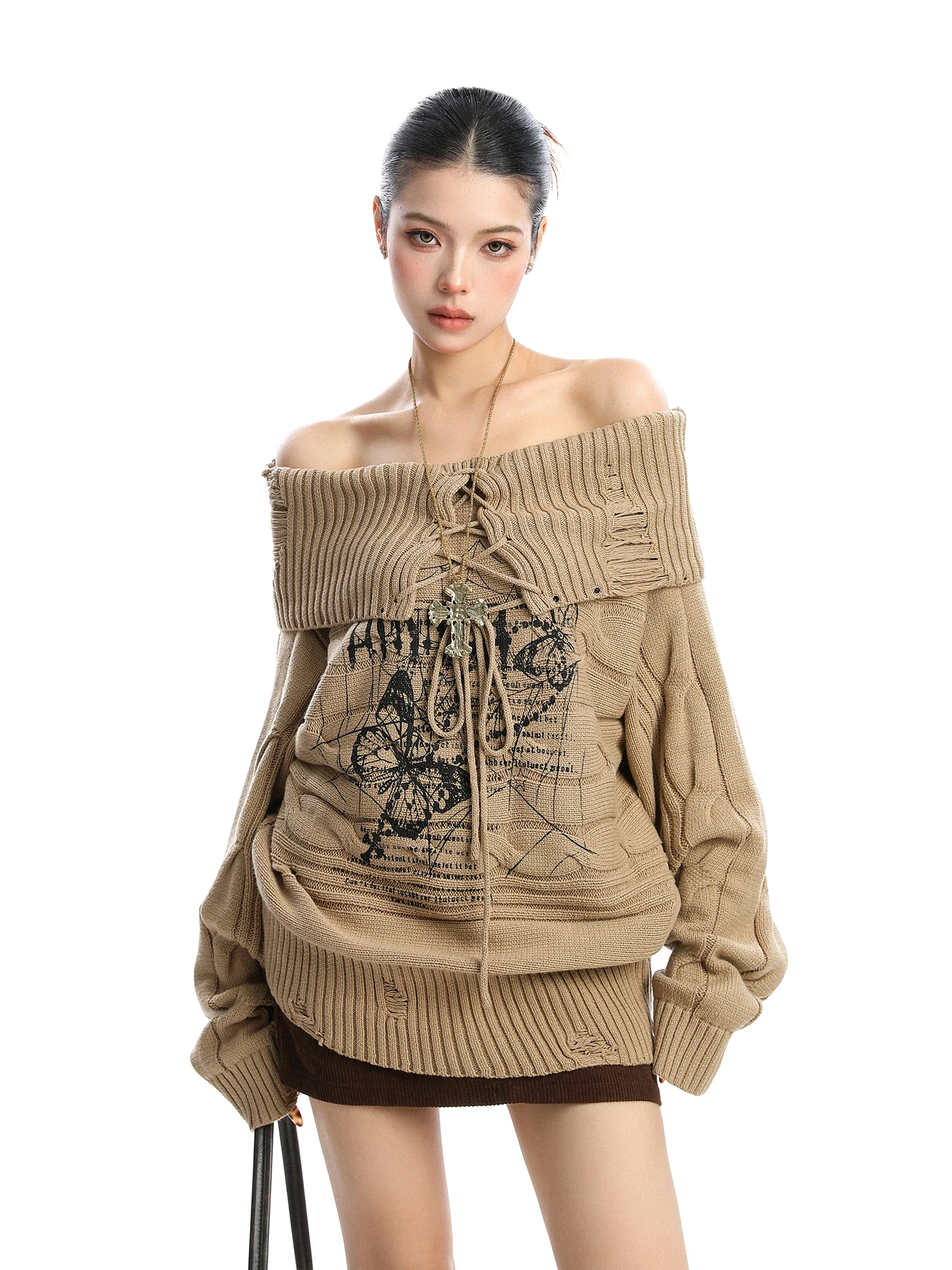 

Свободный вязаный свитер на одно плечо для женщин, осенне-зимний, повседневный, из хлопка, в уличном стиле