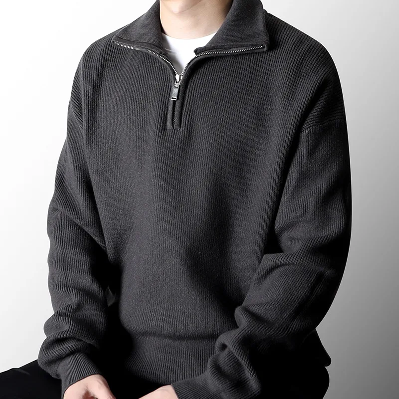 Half zip stand collar sweater men autumn winter lazy knit pullover men's lapel thick loose top trend