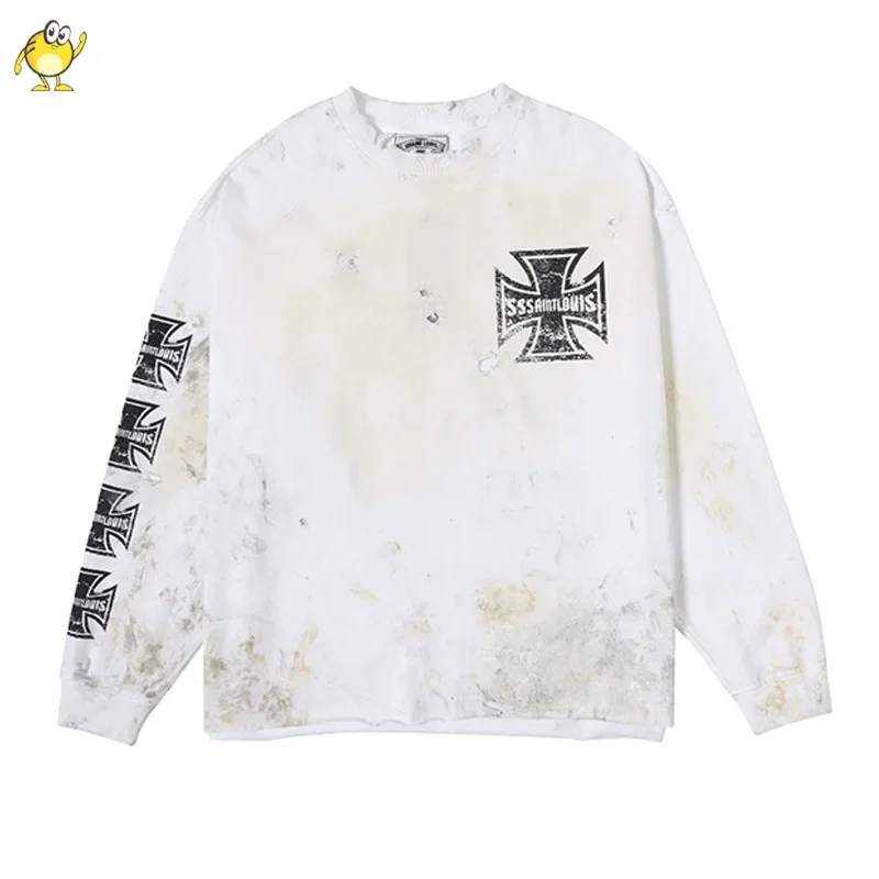 

High Street Long Sleeve Tee Hole Old Round Neck SAINT LOUIS T Shirt Cotton Washed Graffiti Damaged Tops Black White Men Woman