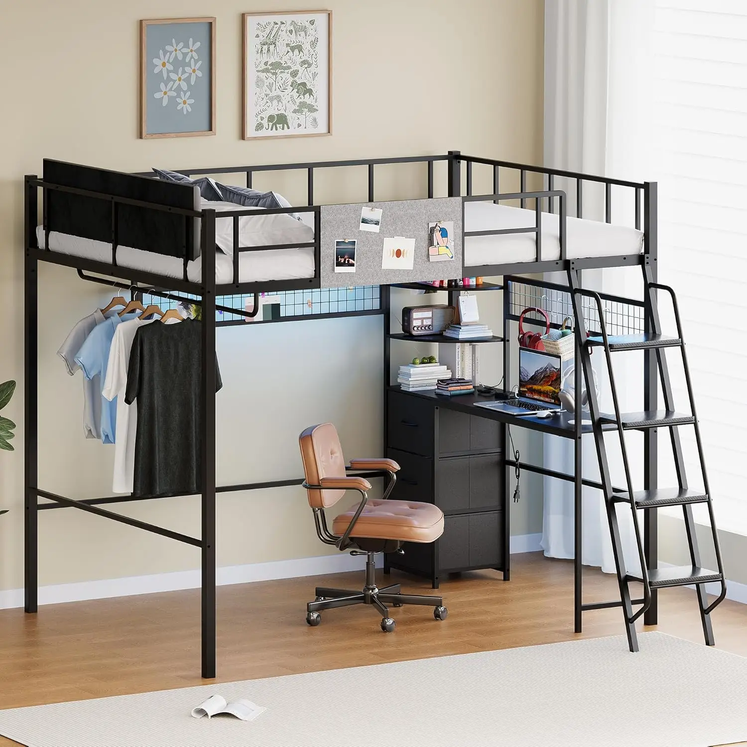 Full Size Loft Bed with Desk LED Charging Storage Metal Frame Guardrail Ladder Adult Gaming Space-Saving, Custom