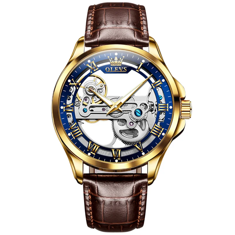 New Skeleton Mechanical Watch For Men Luxury Brand OLEVS Automatic Watch Luminous Leather Strap Waterproof Relogio Masculino