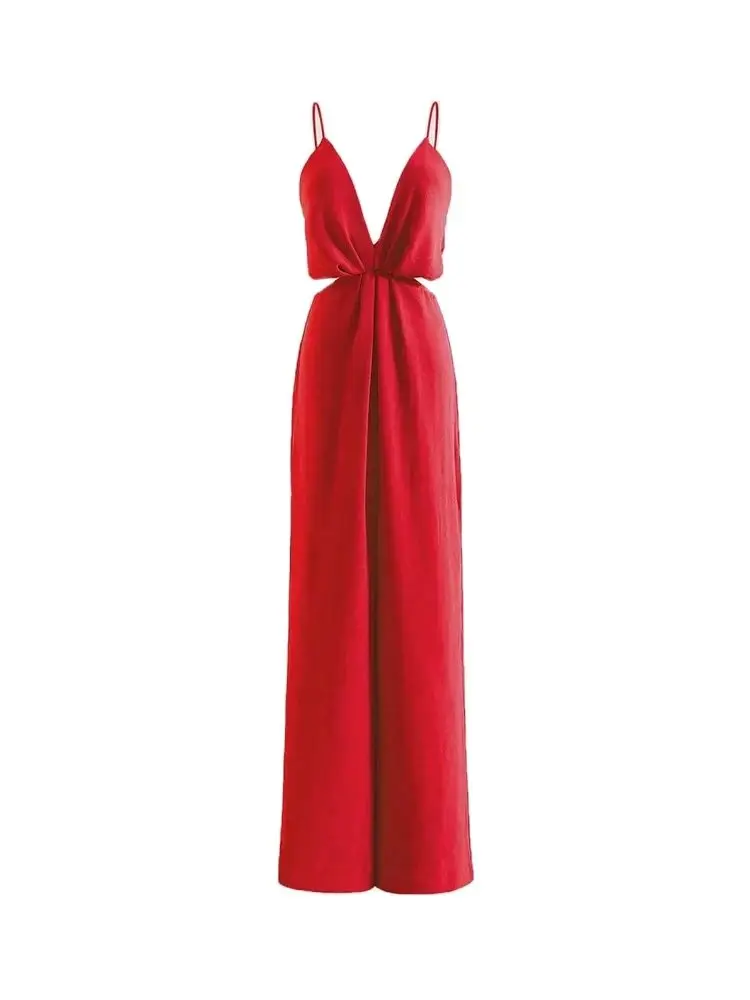 Women\'s Hollow Out Pleated Wide Leg Jumpsuits, Sexy Backless With Zipper, Thin Straps, Female Playsuits, Fashion