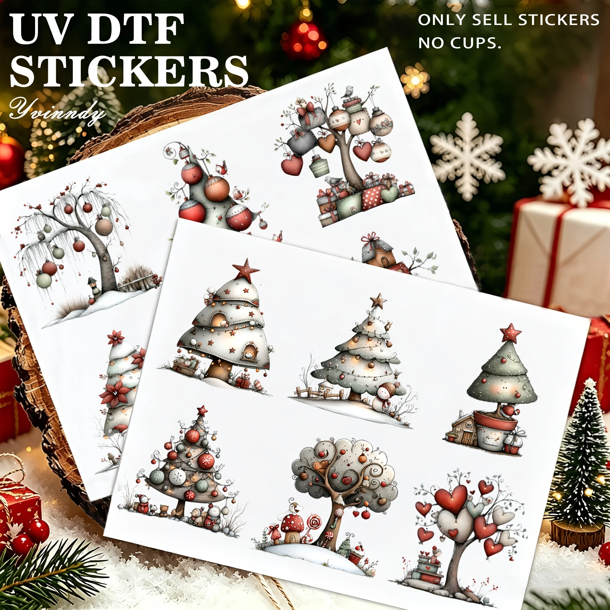12Pcs/Set Christmas Tree in the Fairy Tale Cottage Glass Jar Packaging Stickers UV DTF High Self Adhesive Transfer Paper