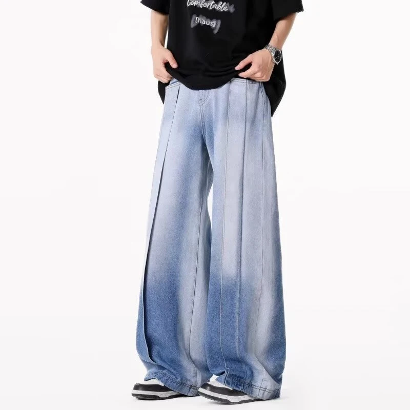 

2025 New Retro Spliced Washed Blue Jeans Men's High Street Baggy Wide Leg Denim Pants Hip Hop Gradient Patchwork Y2K Jean