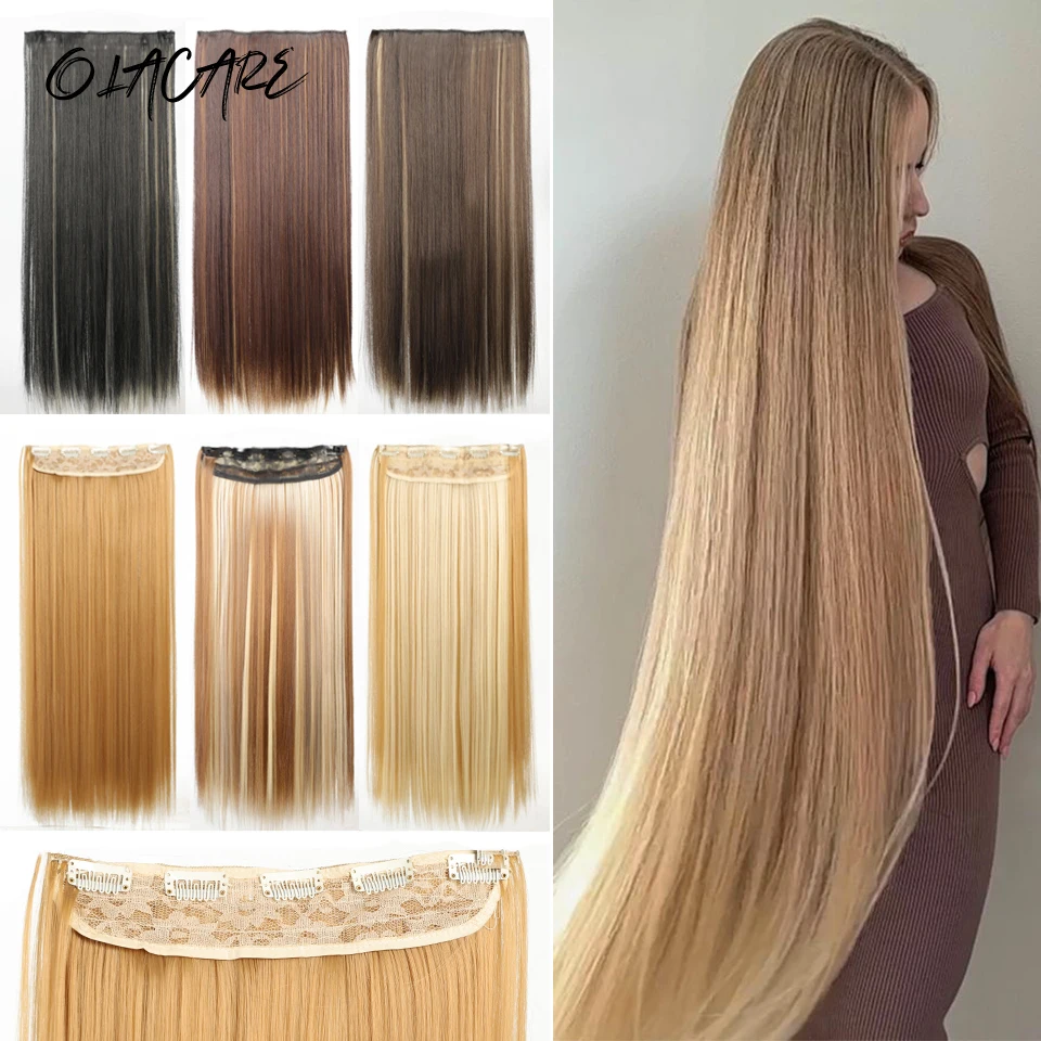 OLACARE Synthetic Wig 5 Clip One Piece Invisible Hair Extensions Long Straight 24Inch Heat Resistant Hairpiece for Women