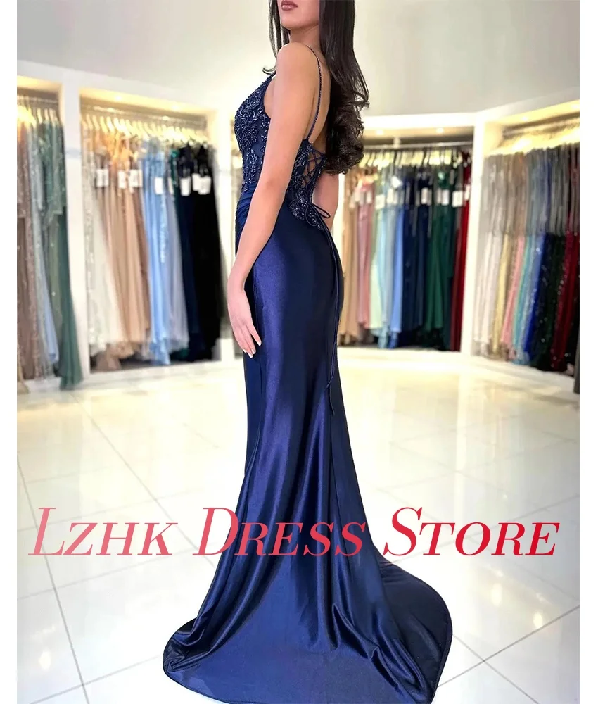 Gaun Malam Tali Spaghetti Berpayet Applique Putri Duyung Satin Indah Kustom Gaun Malam Seksi Tanpa Lengan فساتين سهرة