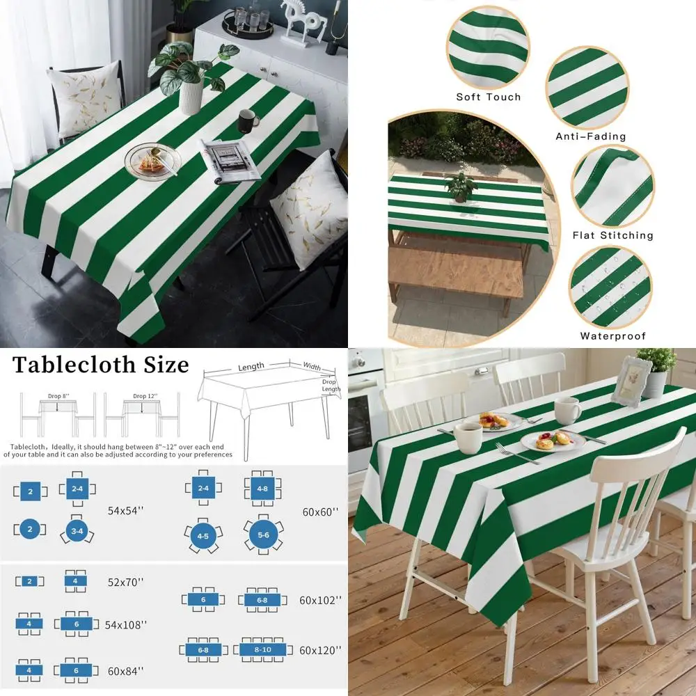 

Green & White Striped Rectangular Tablecloth - Waterproof, Christmas-Themed for Indoor/Outdoor Use & Weddings