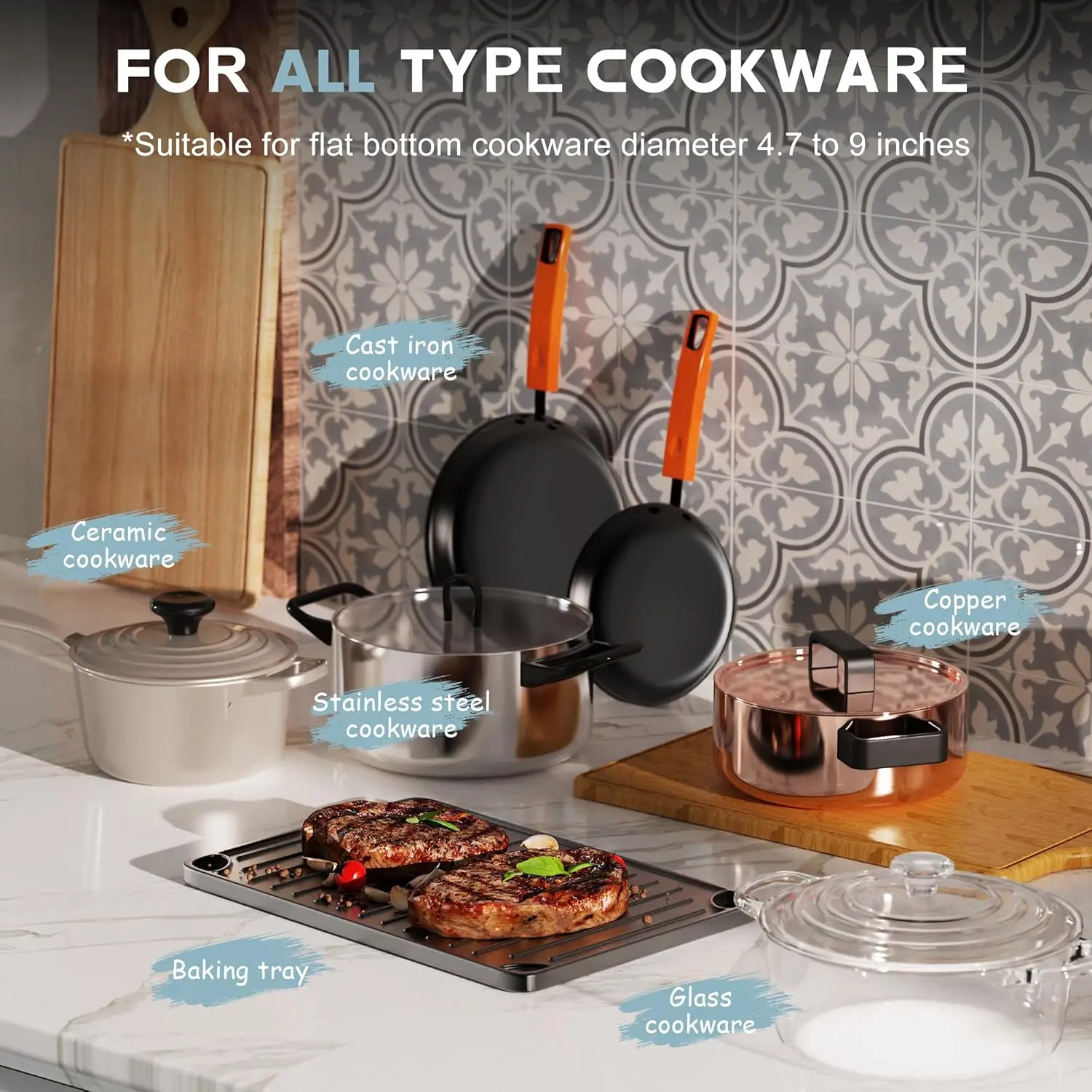 مسطح سيراميك كارينير 4 مناطق 60 سم مدمج، منطقة بيضاوية قابلة للتوسيع، تحكم منزلق، قفل أمان، مؤقت، بدون قابس، سلكي صلب #5