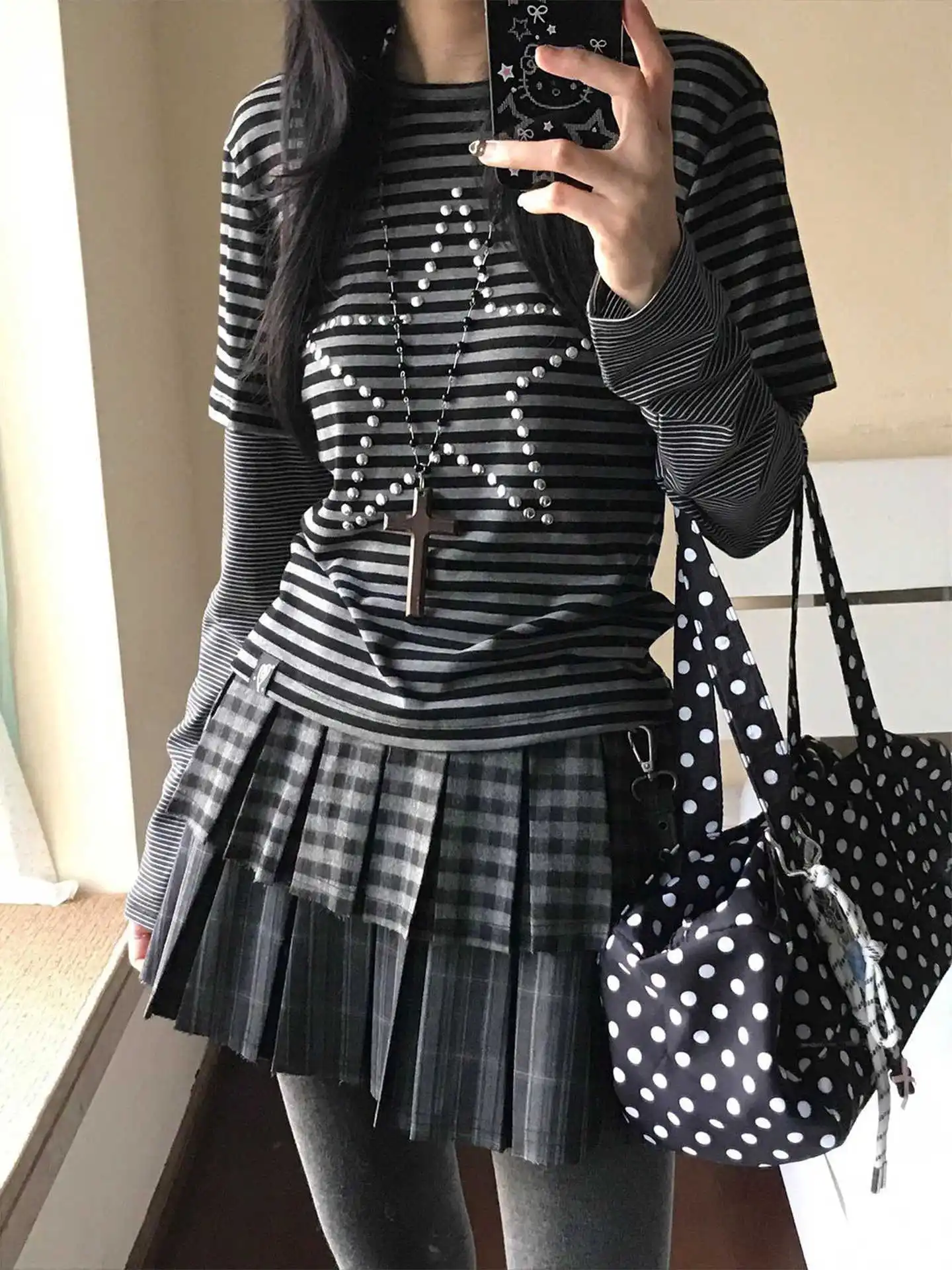Spring Women Shoujo Girl Dark Academia Fake Two Pieces Striped Top 2000s Aesthetic T-Shirt  Tees Gyaru Y2k Kpop Harajuku Japanes