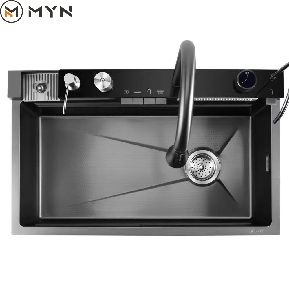 

Черная кухонная раковина, новый тренд, цельный смеситель-водопад из нержавеющей стали с одним слотом, бионический сотовый смеситель