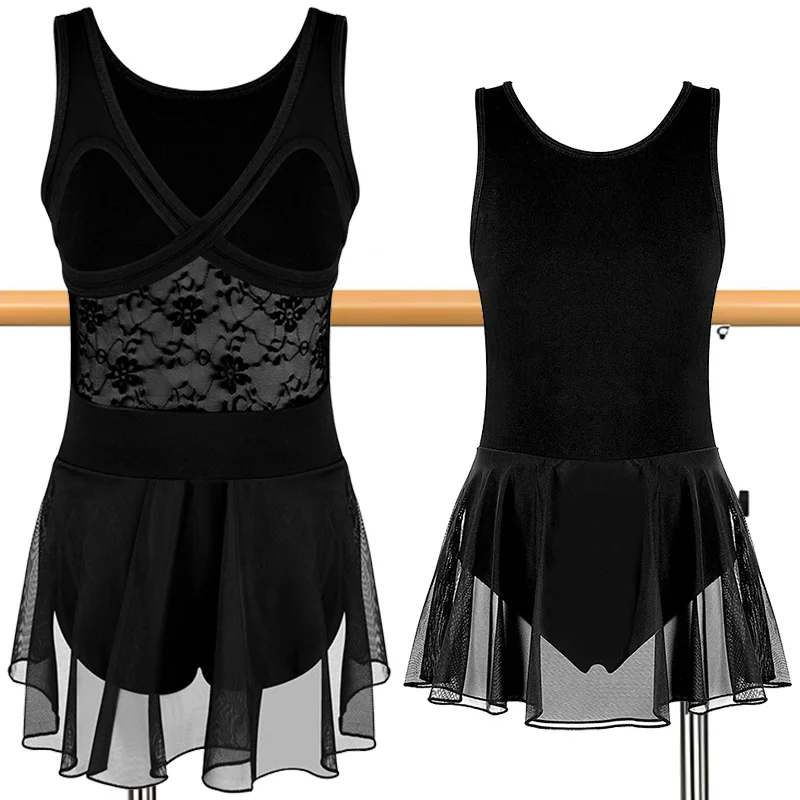 女の子ノースリーブキャミソールドレスバレエダンスレオタード女の子用体操タンクトップスカート中空レースバックダンスレオタード