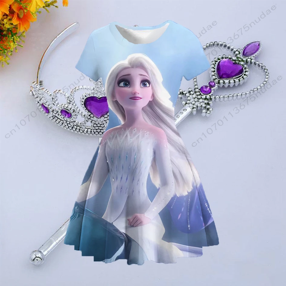 Disney children's dress love Frozen series print round neck short sleeve dress birthday party dress girl princess skirt