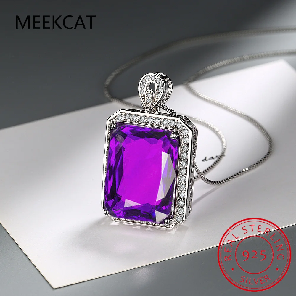 

Genuine Natural Purple Amethyst Square Pendant Necklace 925 Sterling Silver Women Gemstone Statement Necklace 45CM Box Chain