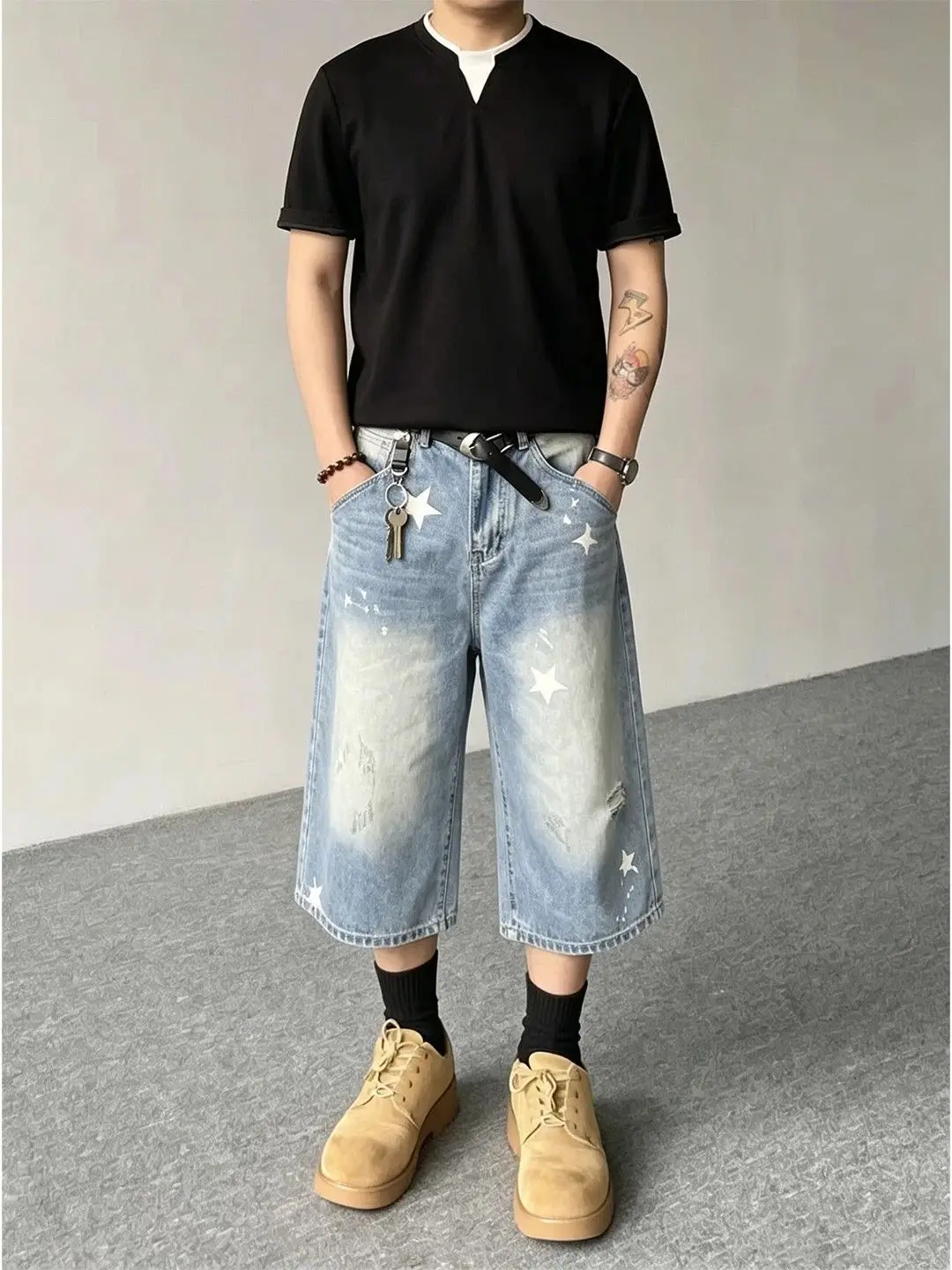 Men's Star Print Wide Leg Denim Cropped Pants Summer Cool Boys Shorts Casual Bottom Male High Waist Calf-length Trousers