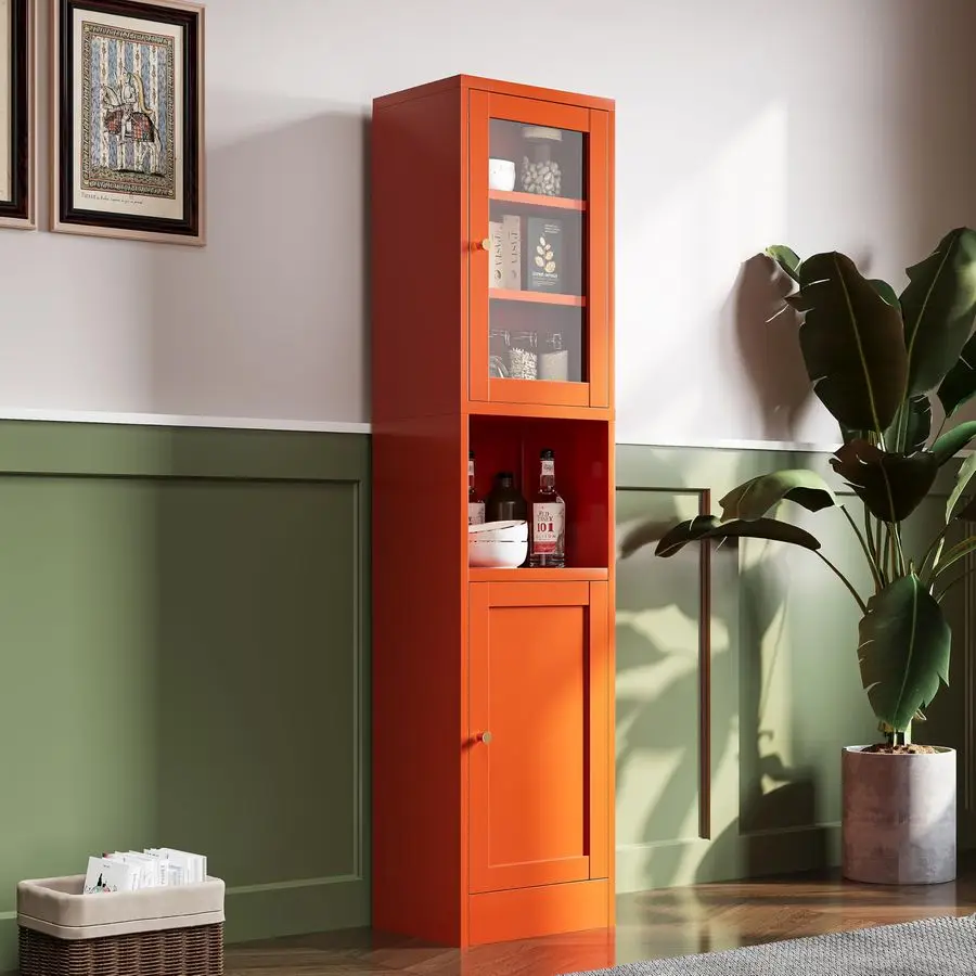 

Высокий узкий шкаф для хранения в ванной, металлический шкаф, оранжевый напольный шкаф, узкие шкафы для хранения с 4 регулируемыми полками, тонкий дизайн
