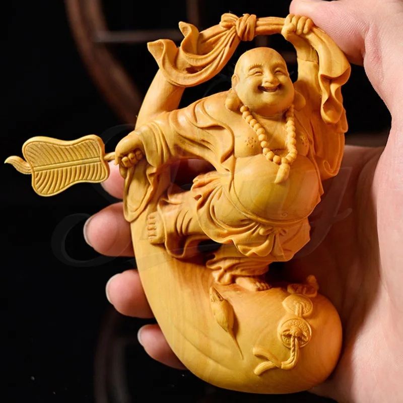 

Cliff Cedar Wooden Carving Dancing Maitreya Buddha Car Decoration Dancing Monk Maitreya Handle Piece Home Gifts