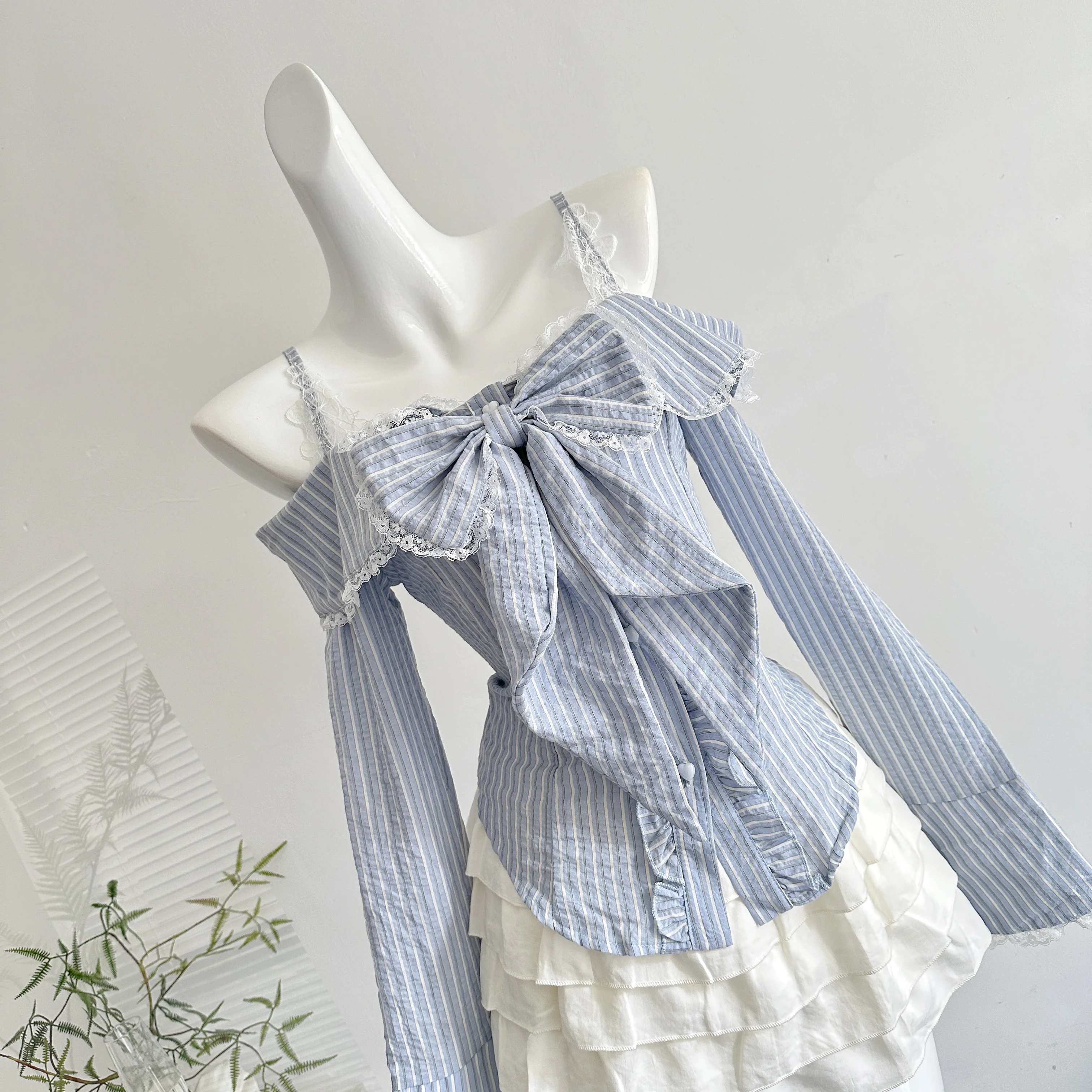 

SUCE Autumn Pure Desire Versatile Large Bow Tie Striped Long Sleeve Beautiful Top Shirt Skirt Two Piece Set Casual Style Four...