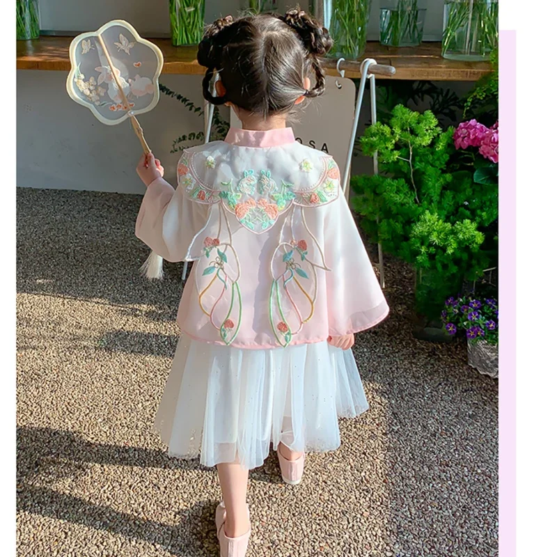 2026 Spring 2-10 Years Children Outfits Kids Girls Chinese Traditonal Tangsuit Baby Elegant Embroidery Chiffion Hanfu Skirt Set
