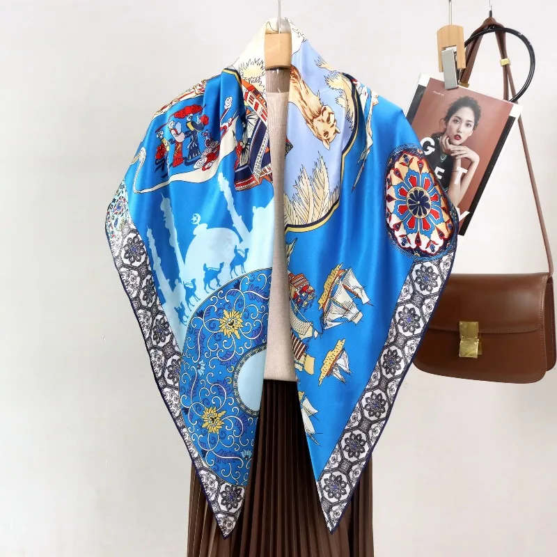

High-end Elegant Women Exquisite "Silk Road" Printed Quality Plain Satin Silk Hand-rolled Edge Large Square Scarf Shawl