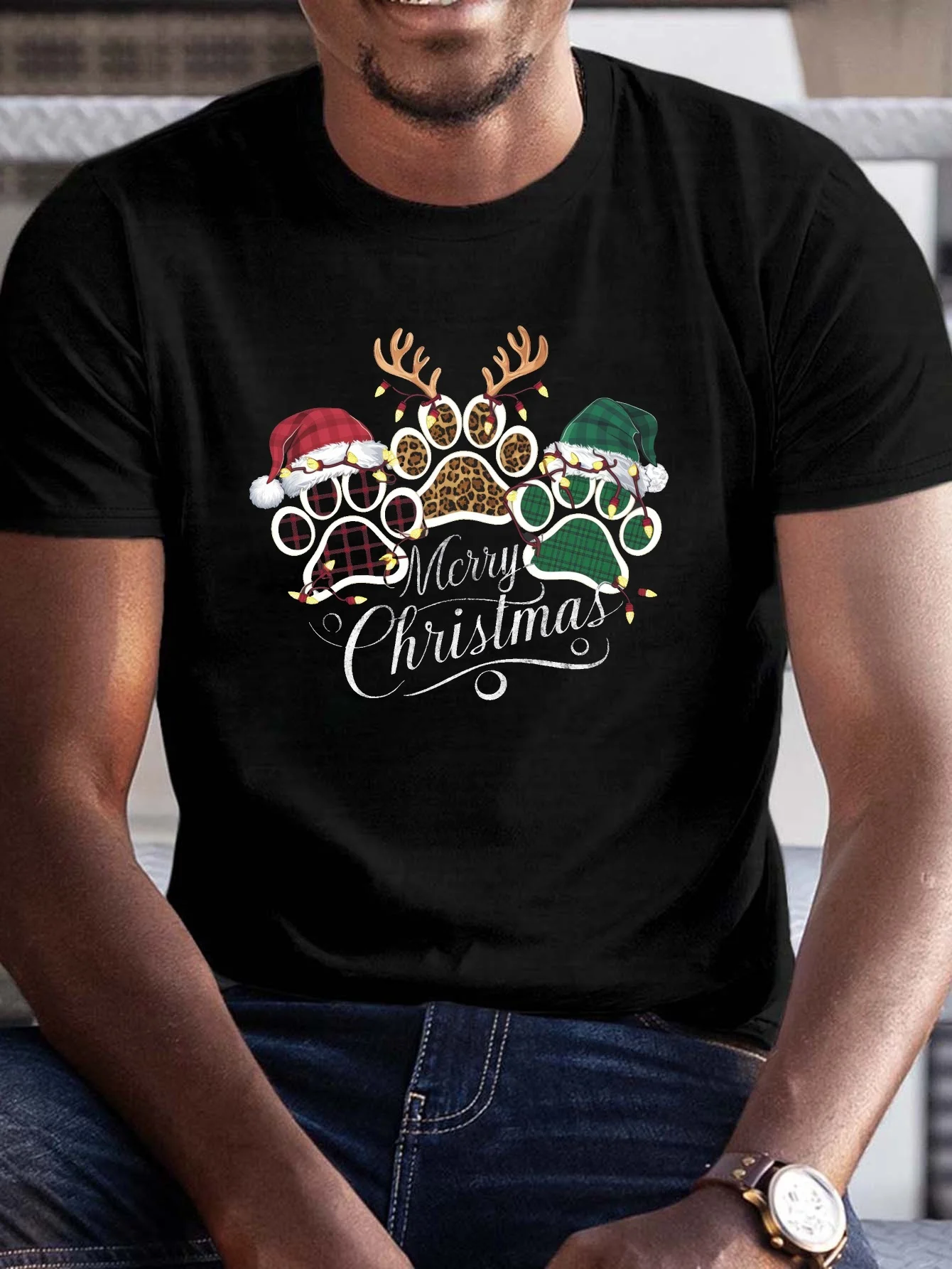

Christmas Paw Print Graphic Tee Men Reindeer Leopard Plaid T-Shirt Breathable Cotton Crewneck Holiday Casual Top
