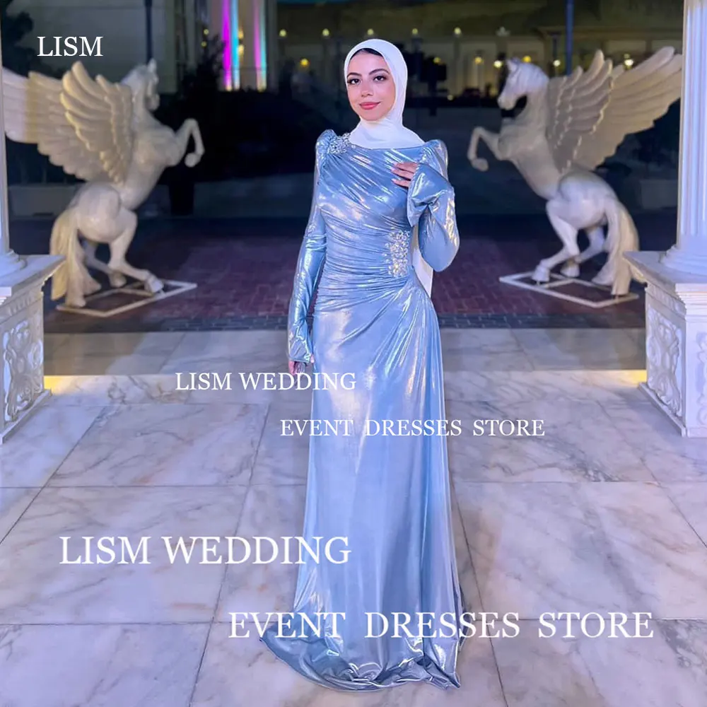 LISM Graceful Muslim Sparkly Shiny A Line Evening Dresses With Hijab Arabric Dubai Sequined Long Sleeves For Women Prom Gowns