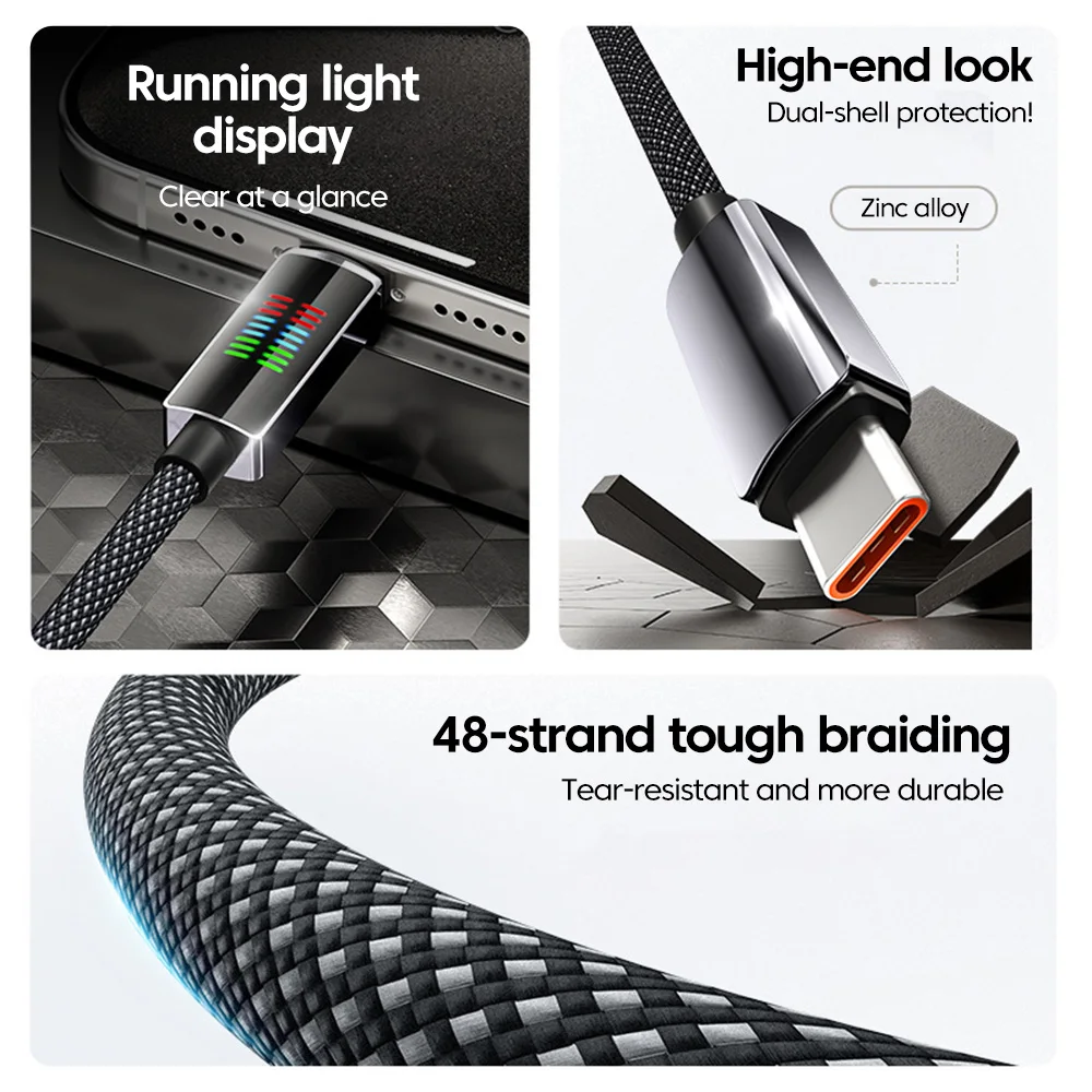Cavo di tipo C da 240 W Cavo USB C a ricarica rapida con luce di marcia Display digitale Cavo dati da tipo C a tipo C per iPhone15 16 Huawei