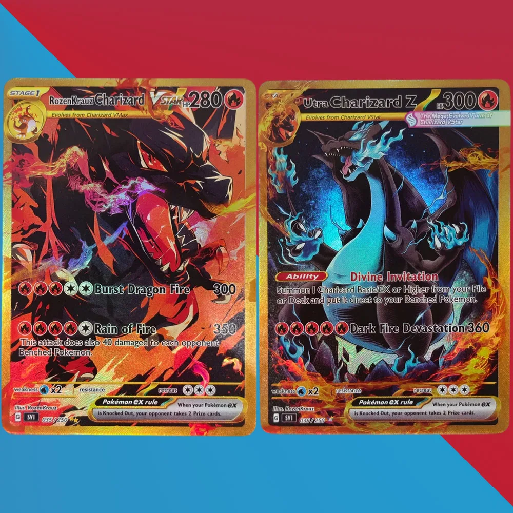 Selbstgemachtes englisches Ultra-Charizard RozenKrauz Charizard Blau Rot Selbstgemachtes Spiel-Sammlerstück Texturkarten-Spielzeug