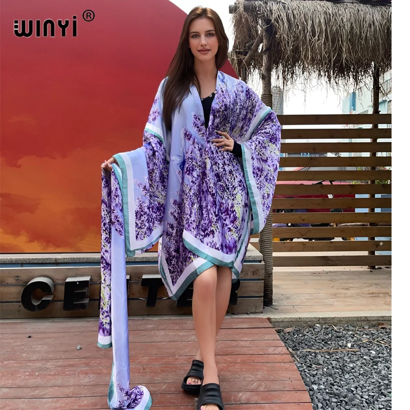 WINYI African Boho print Kimono Summer beach wear women Cardigan Holiday long Sleeve silk feeling bikinis cover up party dress