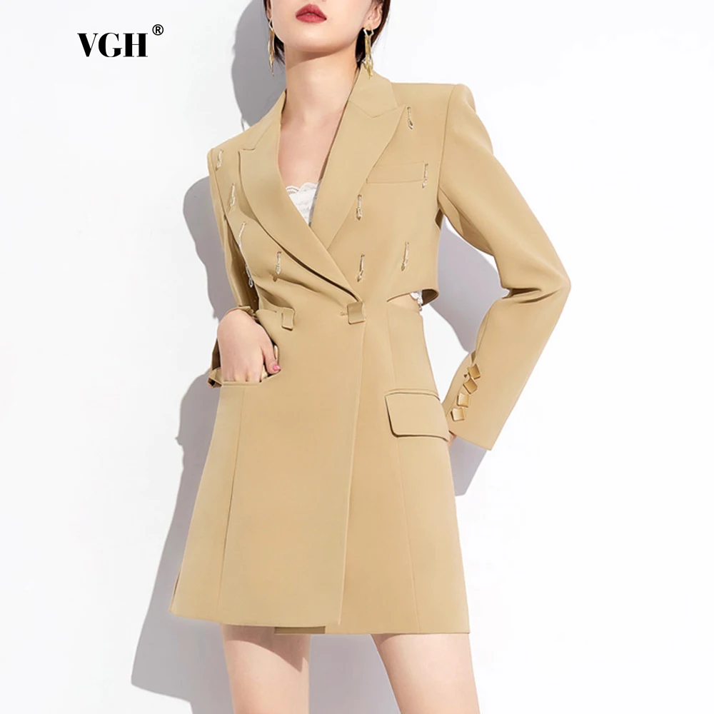 

VGH Temperament Slimming Tunic Dresses For Women Lapel Long Sleeve Hollow Out Spliced Pockets Elegant Dress Female Fashion New