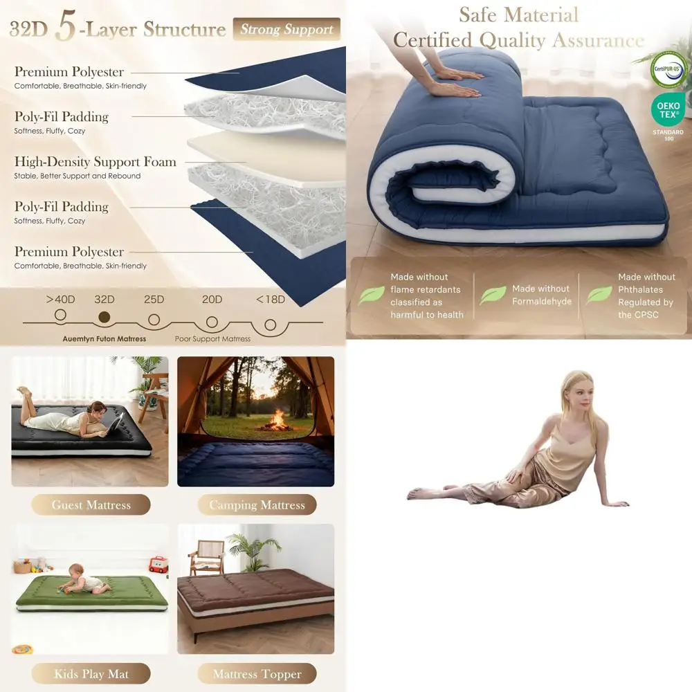 

4 толстых японских матраса-футона, складной и портативный Шикибутон, закатанный спальный коврик татами для кемпинга, темно-синий, 54x80