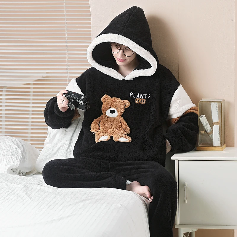 2024 Men\'s Sleepwear For Sleeping Male Winter Coral Plush Boy Pijamas Thicken Plush Loungewear Cartoon Student Warm Homewear Set