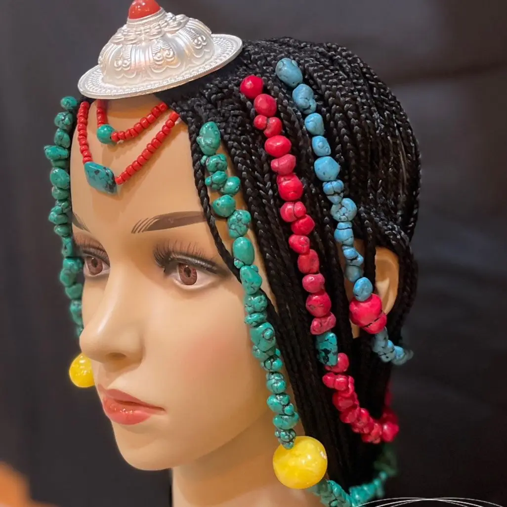 Peluca tibetana de una pieza, cabello trenzado, trenzas, diadema a presión, diadema negra.