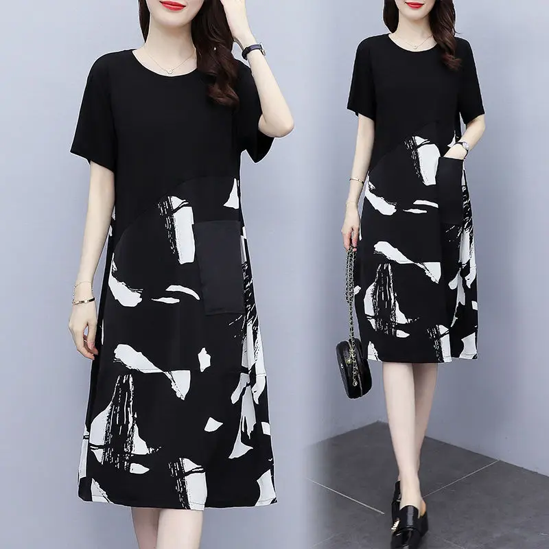 Oversized 7XL Big Size Woman Vintage Midi Dress Korean Summer New Short Sleeve Black White Pullover Chic Fashion Casual Dresses