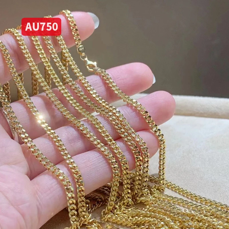 

Real 18K gold Cuban chain side necklace boss chain Hi flat chain thick AU750 necklace 3.2mm