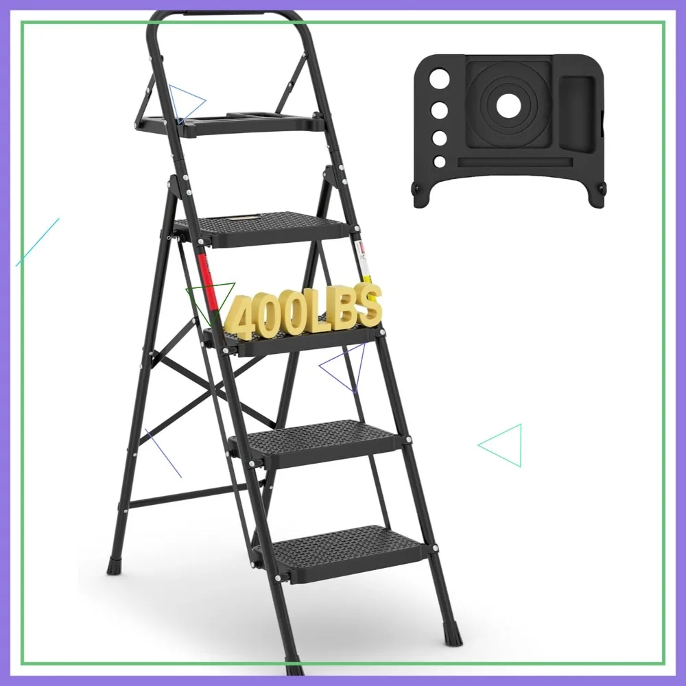

4-Step Folding Ladder with Tool Tray, 400lbs Max Load, Anti-Slip Pedals, Sturdy Steel & Handrail for Home & Work Use