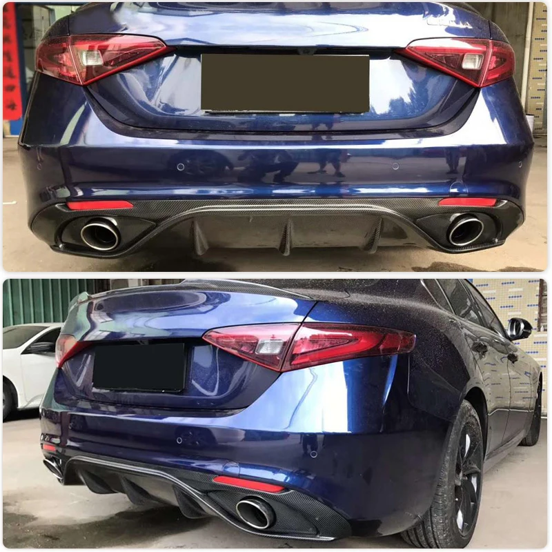 Car Rear Bumper Diffuser Lip Spoiler for Alfa Romeo Giulia Sedan 4-Door 2017-2019 Rear Lip Reflector Exhaust Tips Carbon Fiber