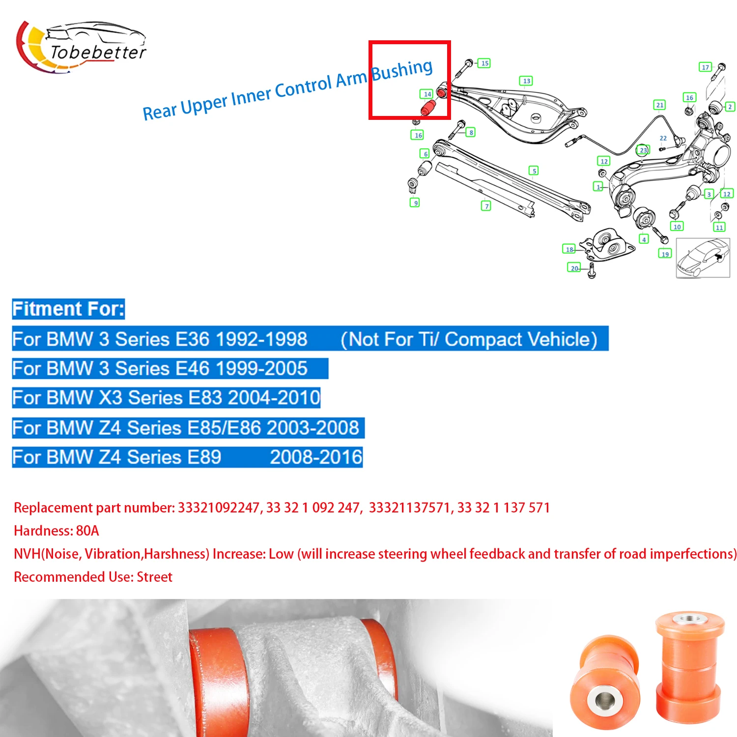

Polyurethane Rear Upper Inner Control Arm Bushings for BMW E46 E36 X3 E83 Z4 E85/E86 E89 Replace 33321092247,33321137571