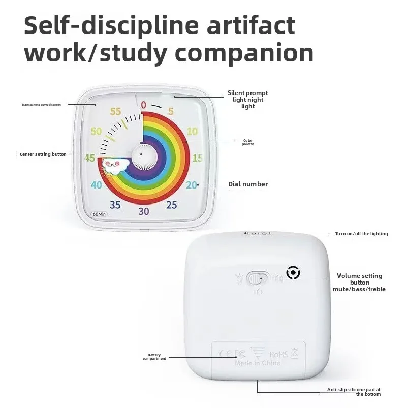 Minuterie visuelle avec veilleuse, Minuteur scolaire, compte à rebours de 60 minutes pour enfants et adultes, chronomètre Pomodoro